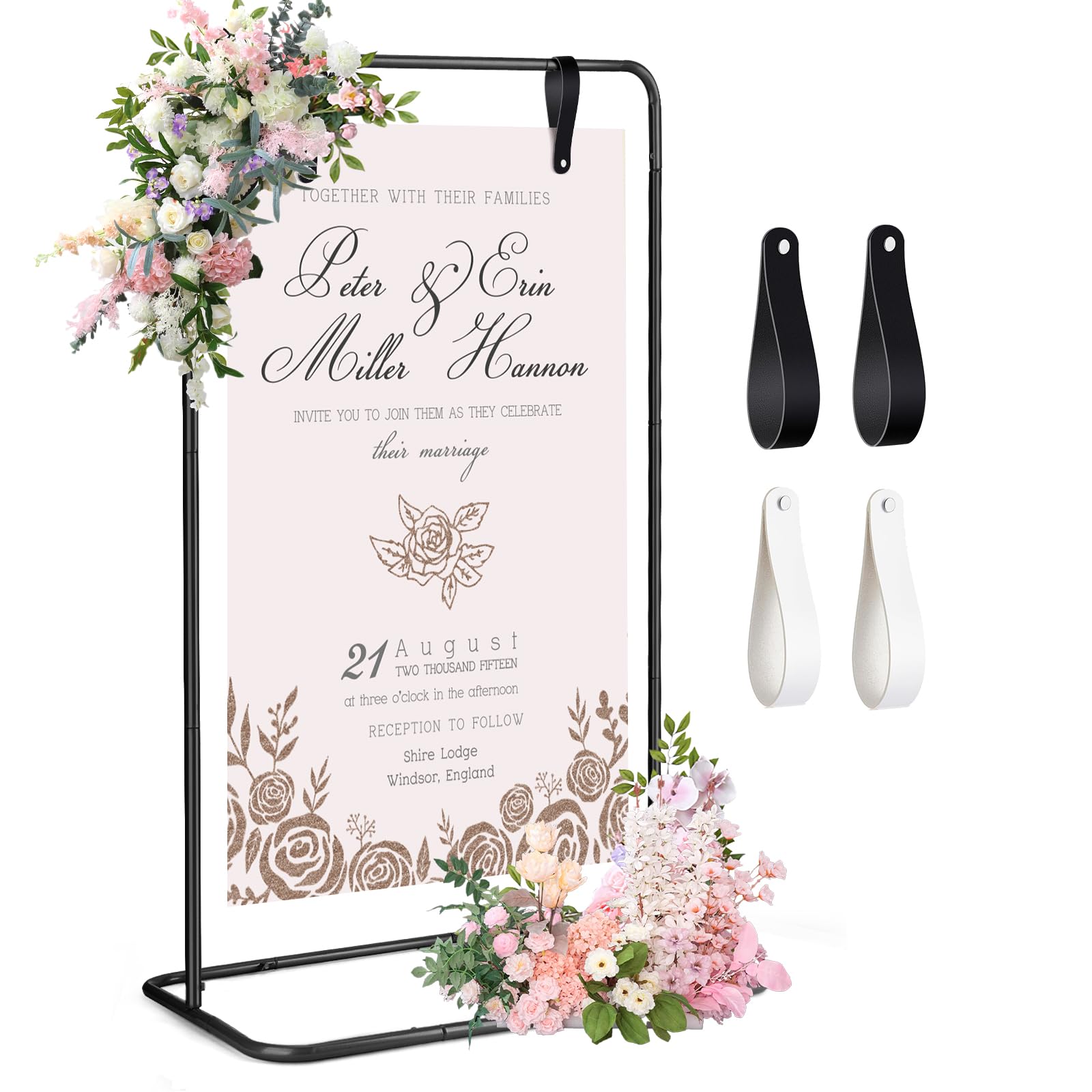 AuntyFey wedding welcome sign stand with black iron frame for elegant ceremony signage