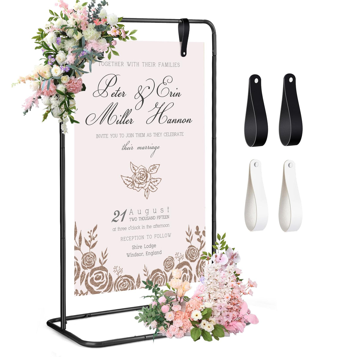 AuntyFey wedding welcome sign stand with black iron frame for elegant ceremony signage