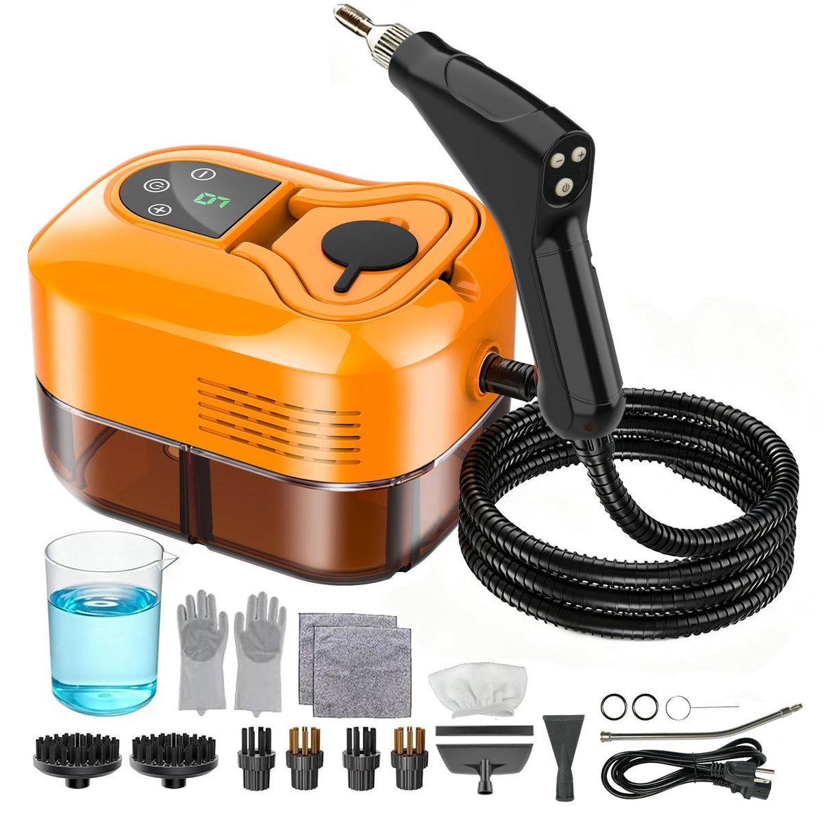 AuraFutur steam cleaner showcasing its 1800 ml tank for home and car use.