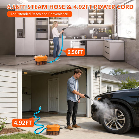 AuraFutur steam cleaner in car detailing and home cleaning setup.