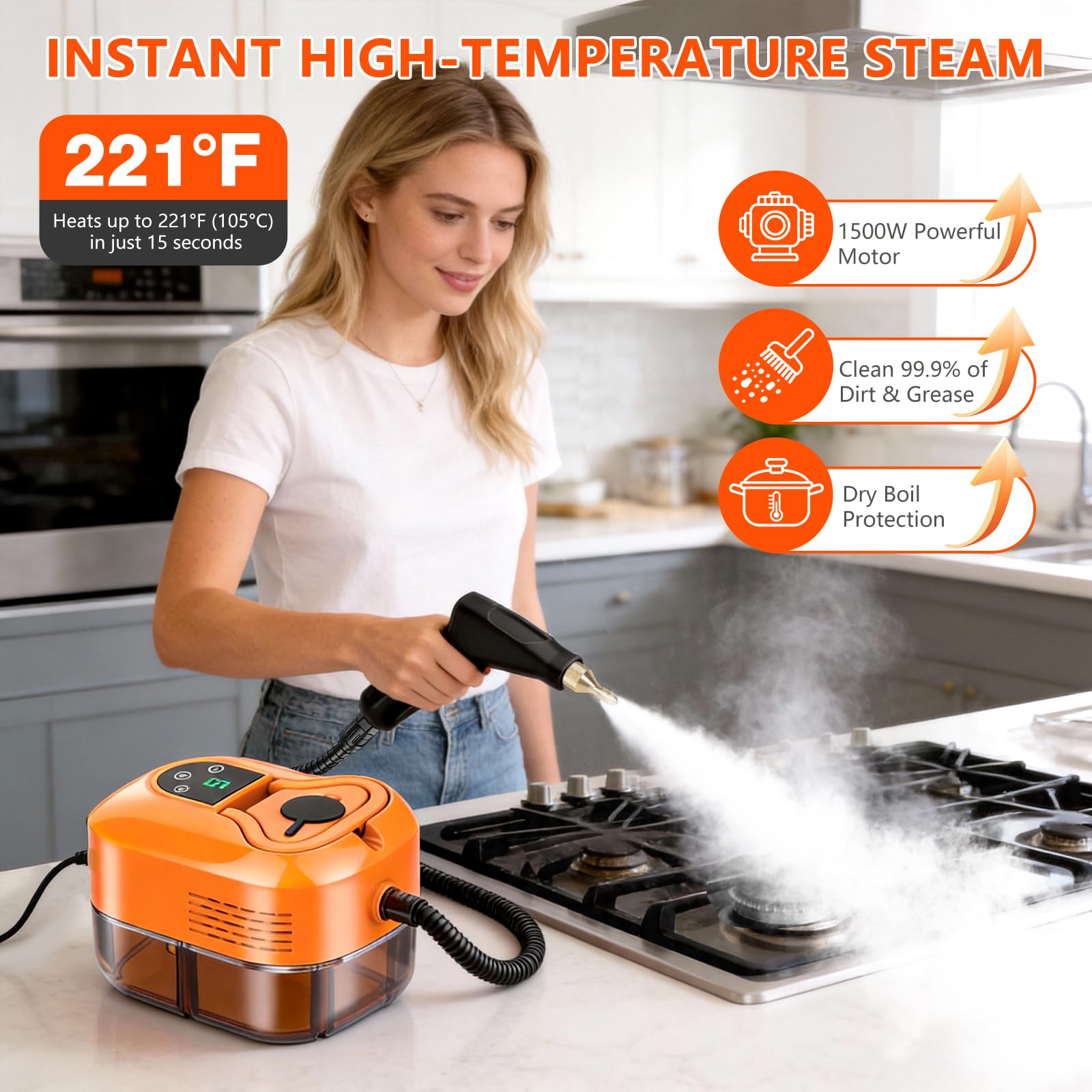 AuraFutur steam cleaner demonstrates quick heat up in 15 seconds.