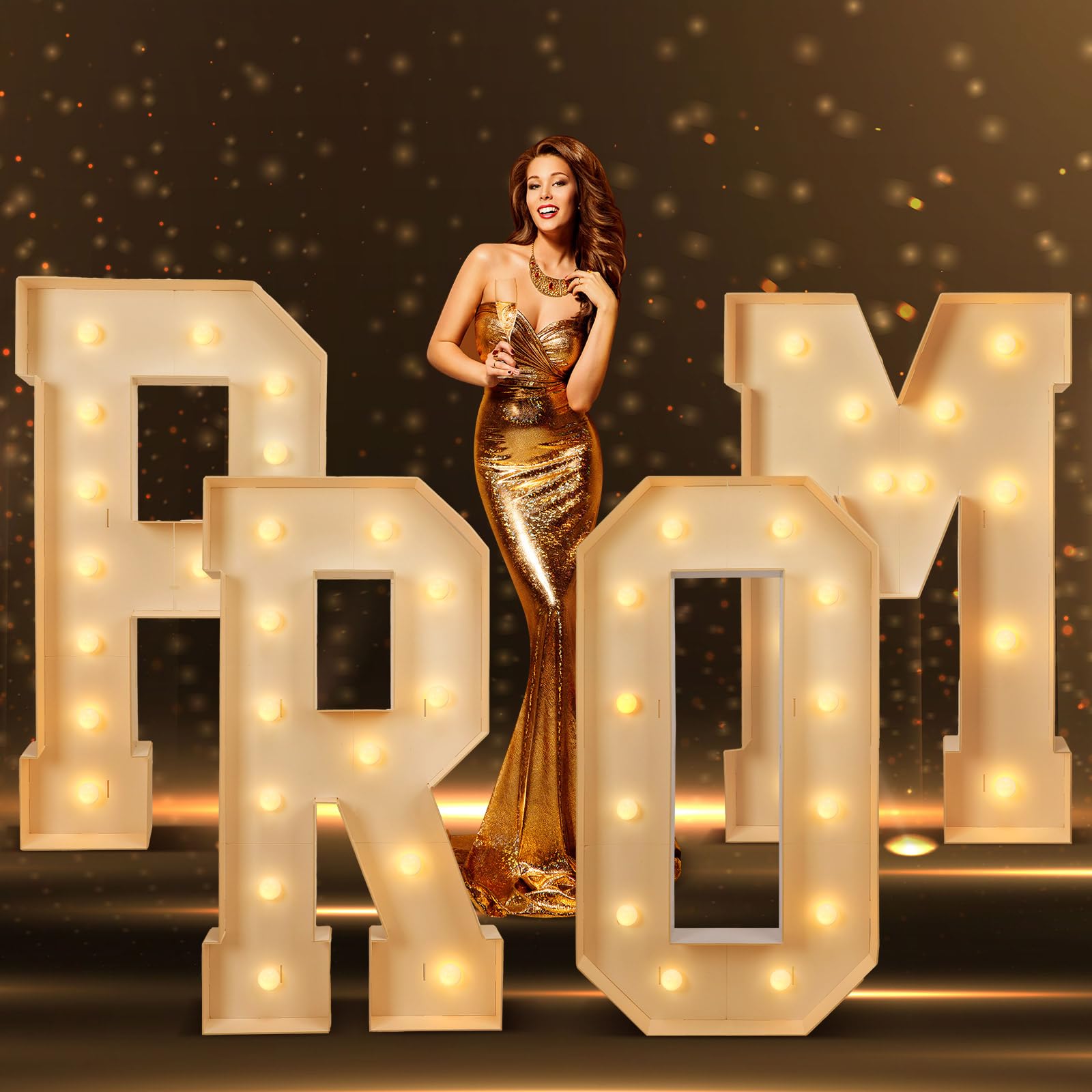 Aurelema Prom marquee letters closeup bulbs show warm LED glow for photos.