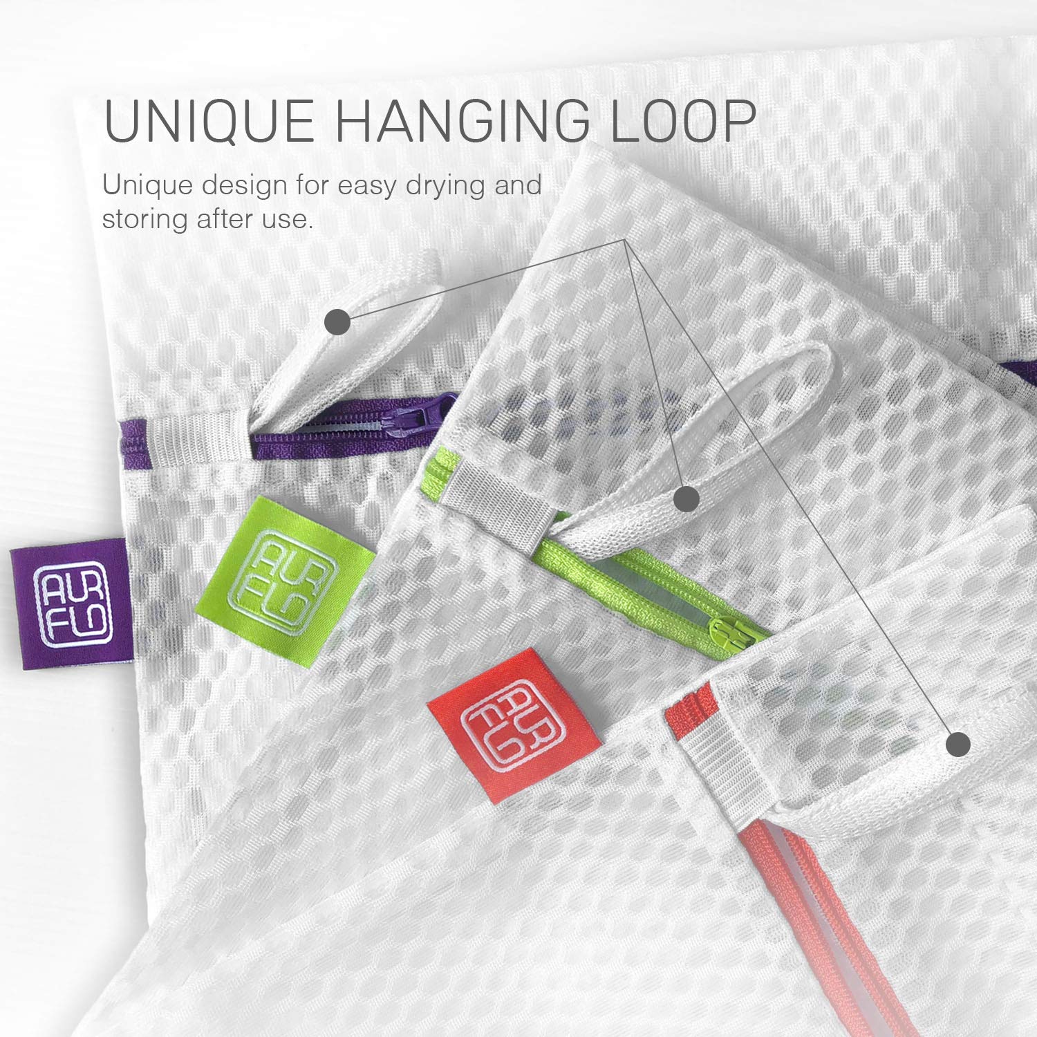 AURFLO anti-snag zipper keeps the bag closed during cycles.