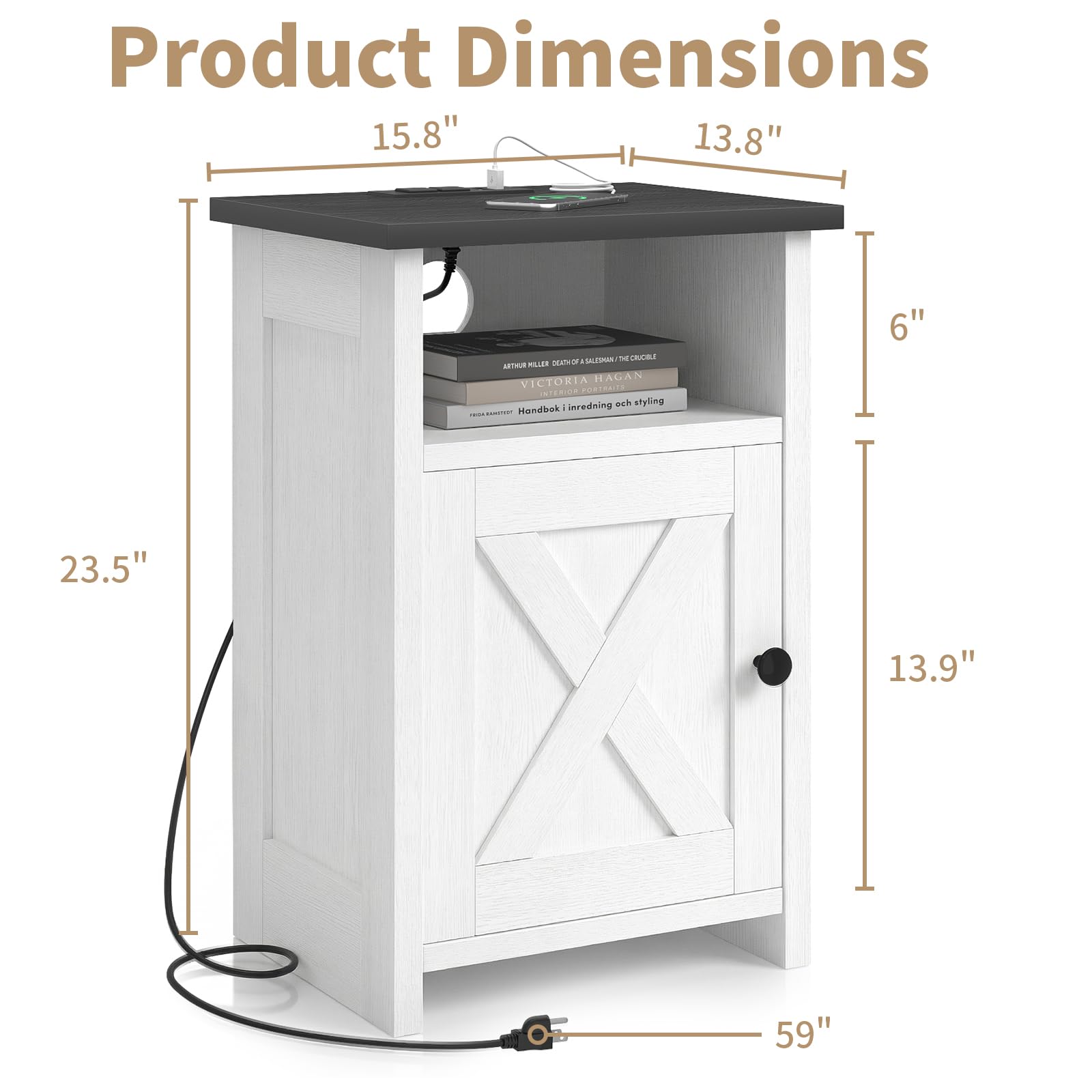 AURINEST farmhouse nightstand with barn door, side view for organized bedside storage.
