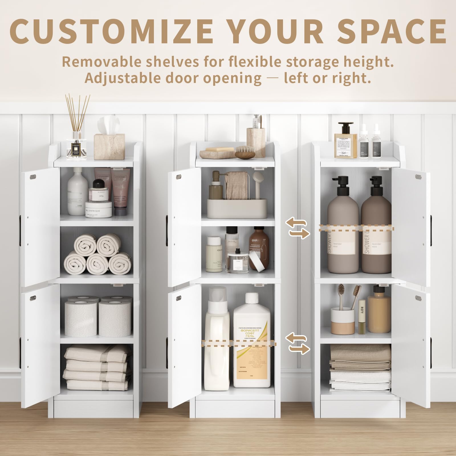 AURINEST slim storage cabinet includes toilet paper storage beside the toilet.