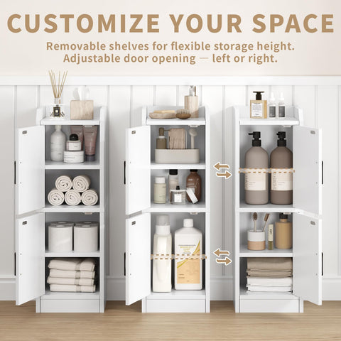 AURINEST slim storage cabinet includes toilet paper storage beside the toilet.