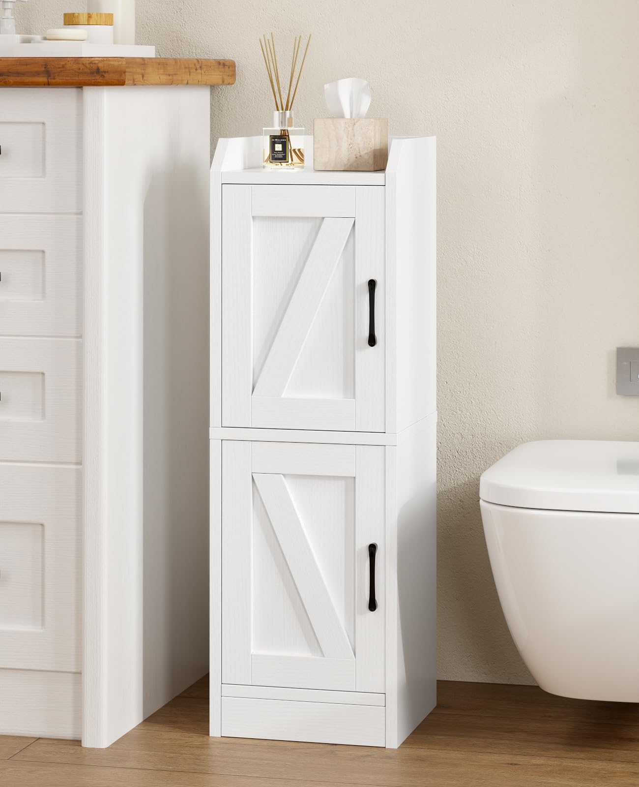 AURINEST white wood grain finish blends with modern or rustic décor.