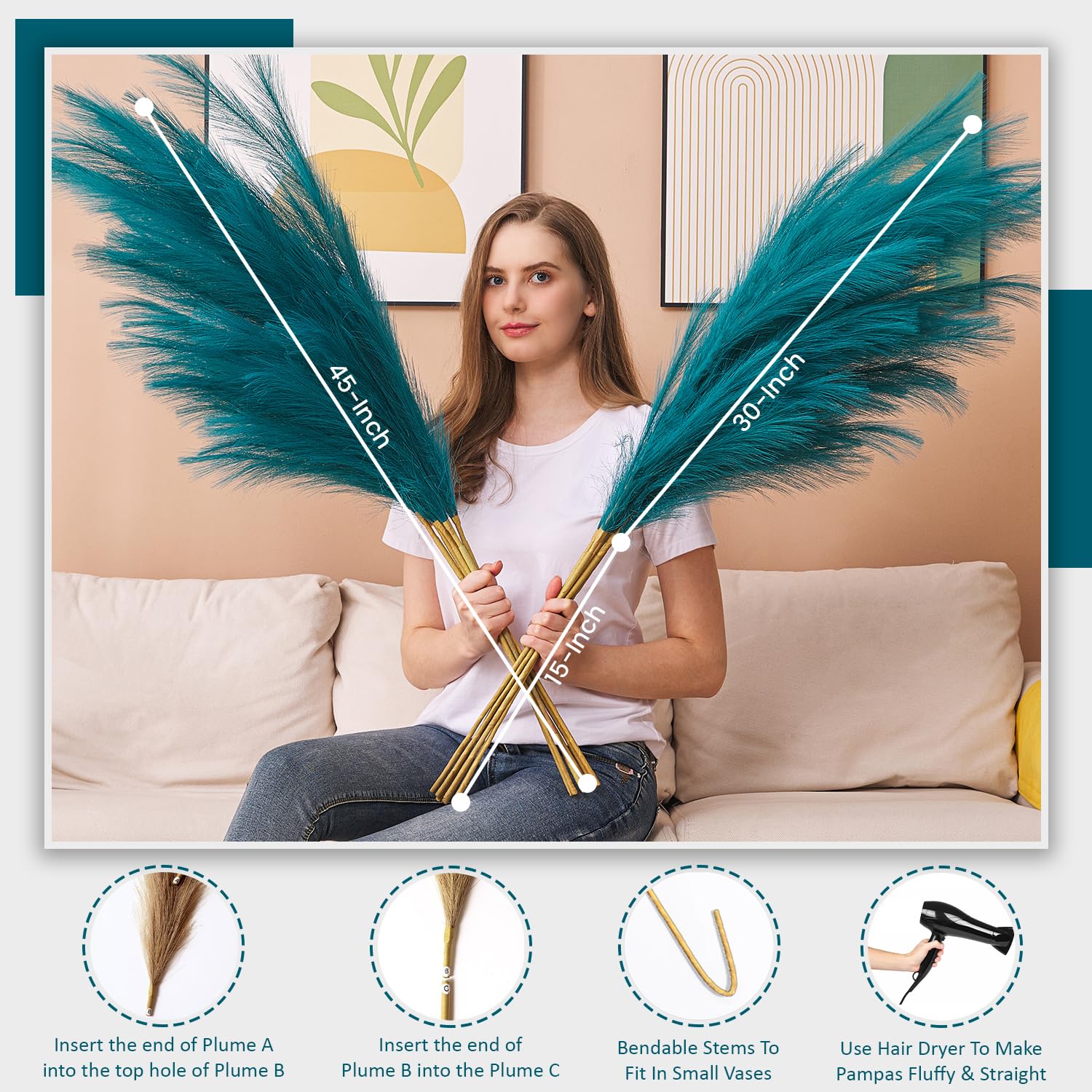 Aurora Prime blue pampas grass elevates living room ambiance.