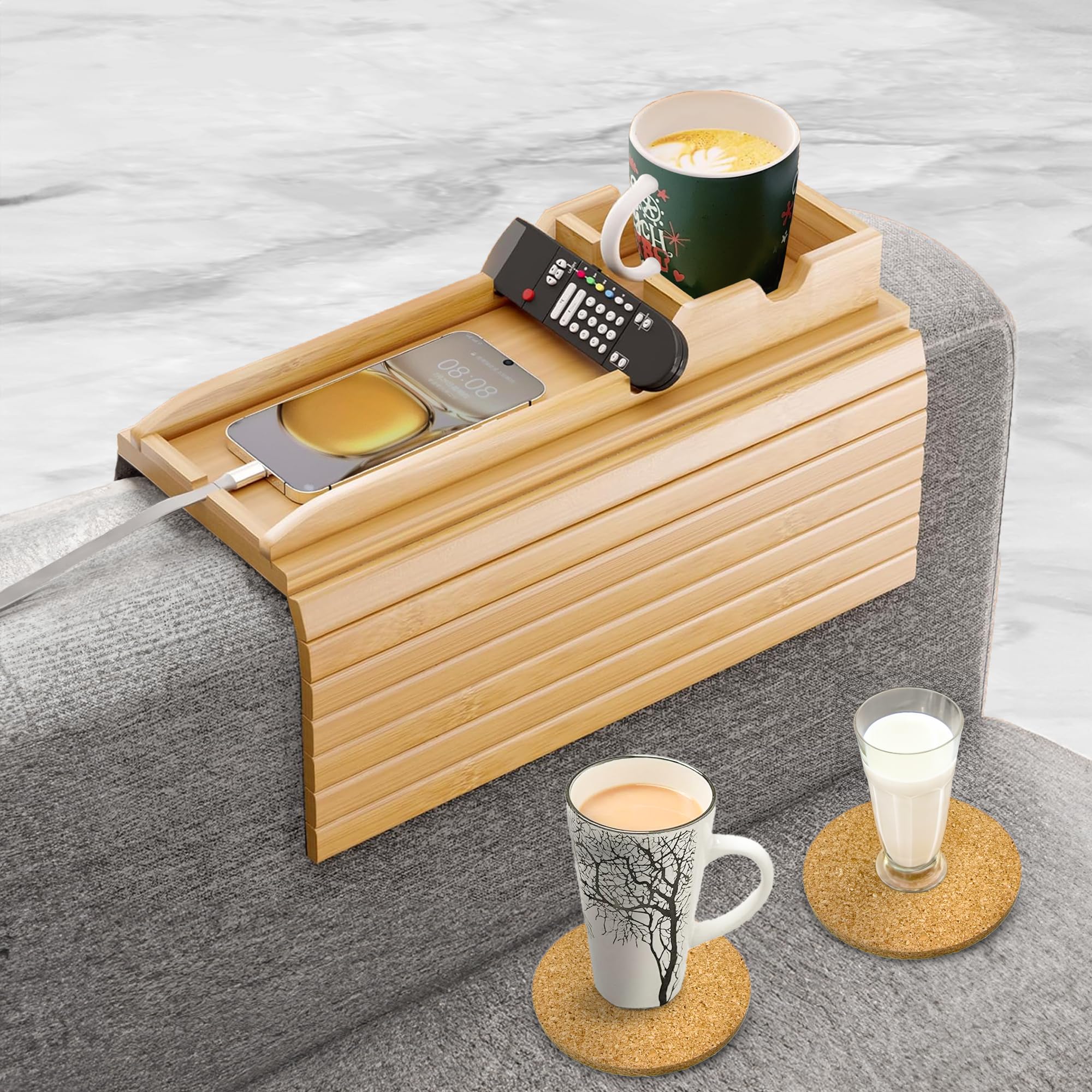 Aurora Synth bamboo couch cup holder tray keeps drinks steady on the arm.