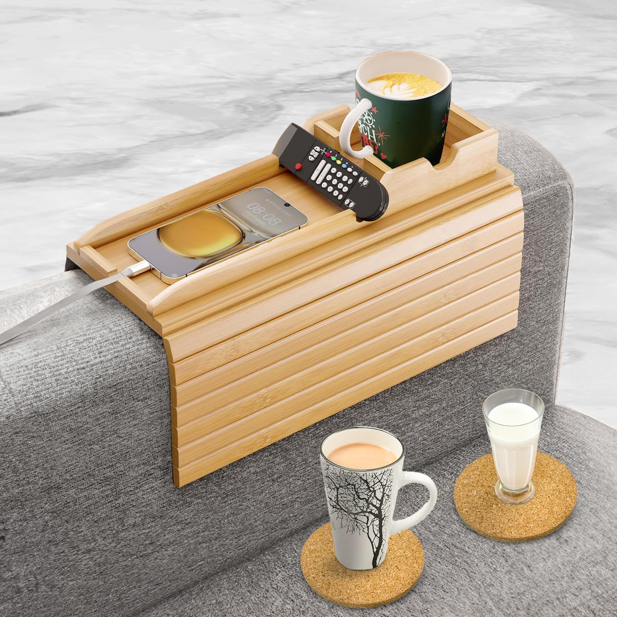 Aurora Synth bamboo couch cup holder tray keeps drinks steady on the arm.