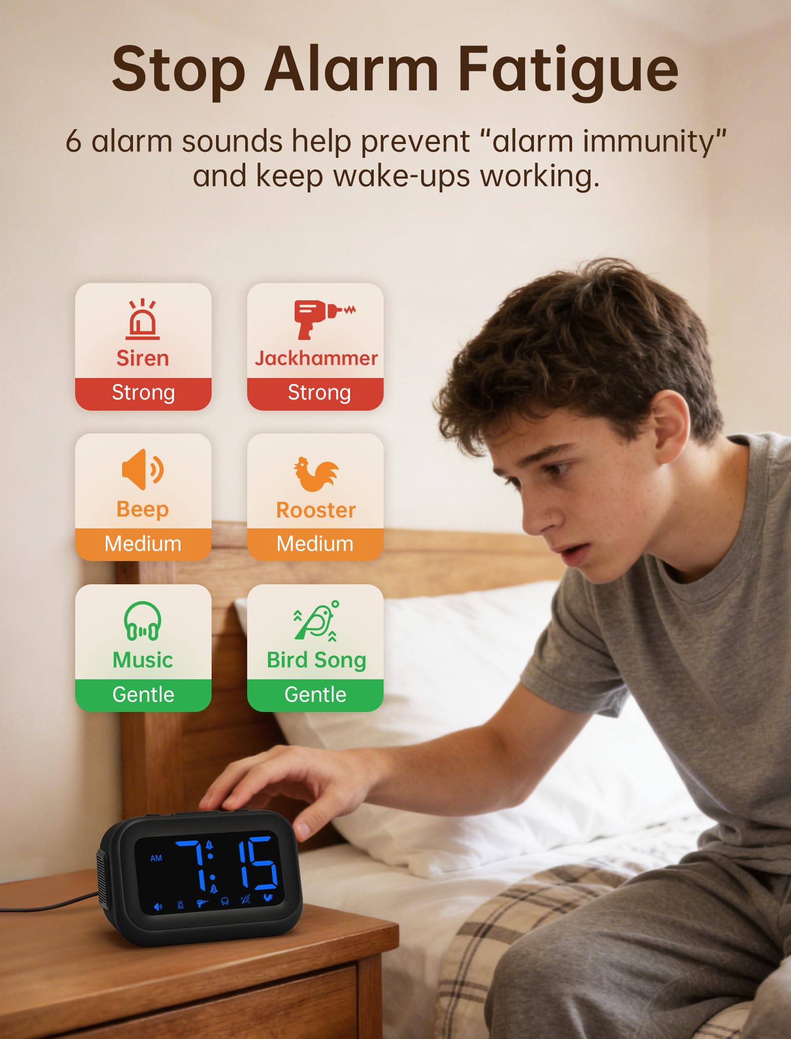 AuroraCalm dual alarms setup panel for backup wake-ups.