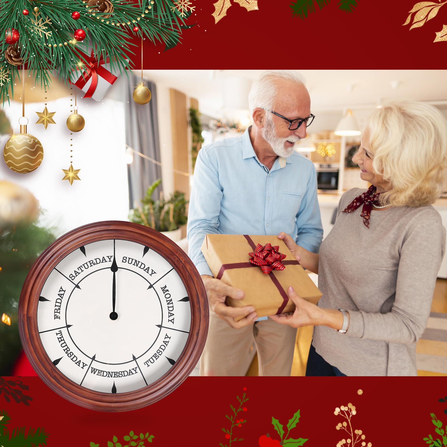 Aurowit day of week clock dark reddish brown frame complements home decor.