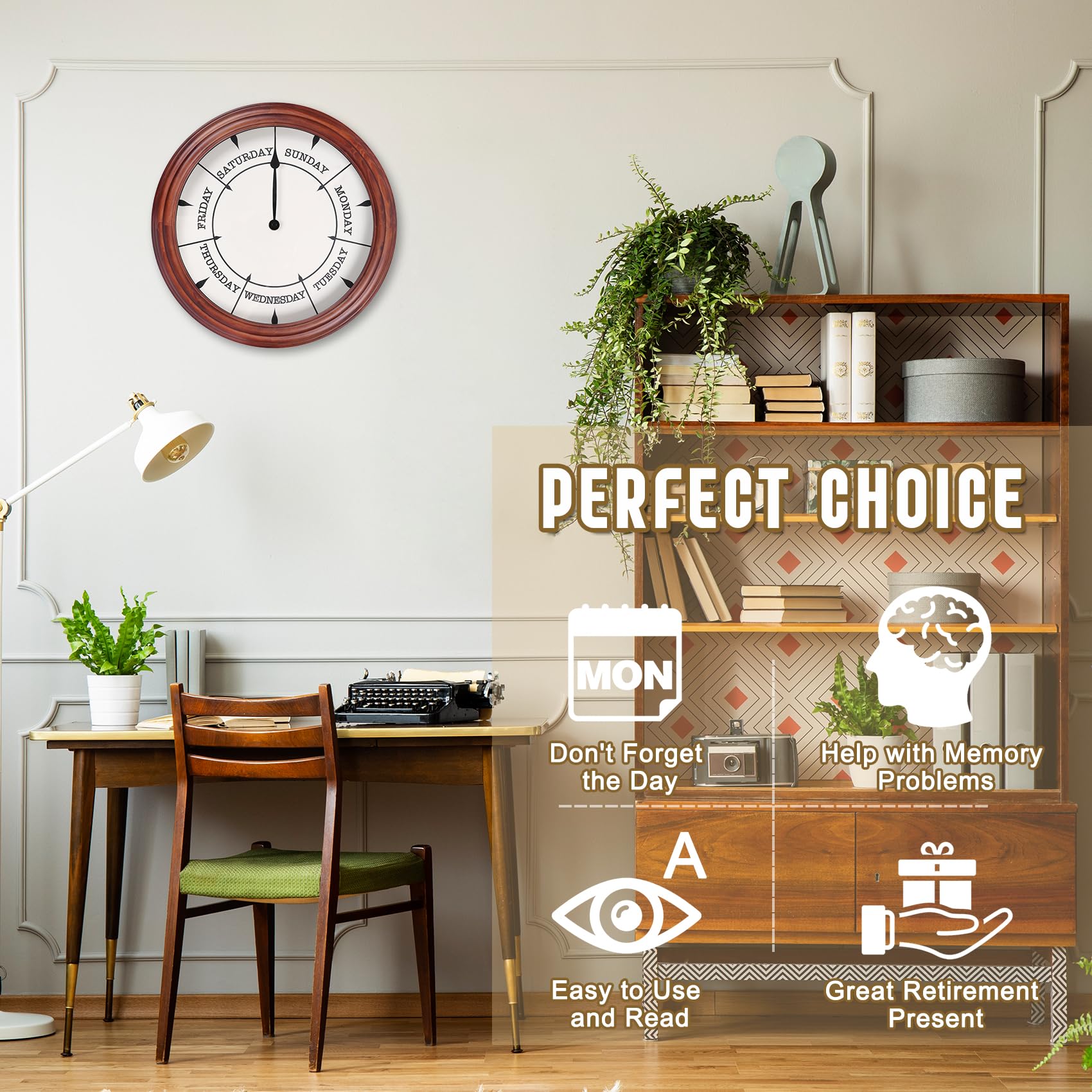 Aurowit day of week clock face dial offers large, easy-to-read day indicators.