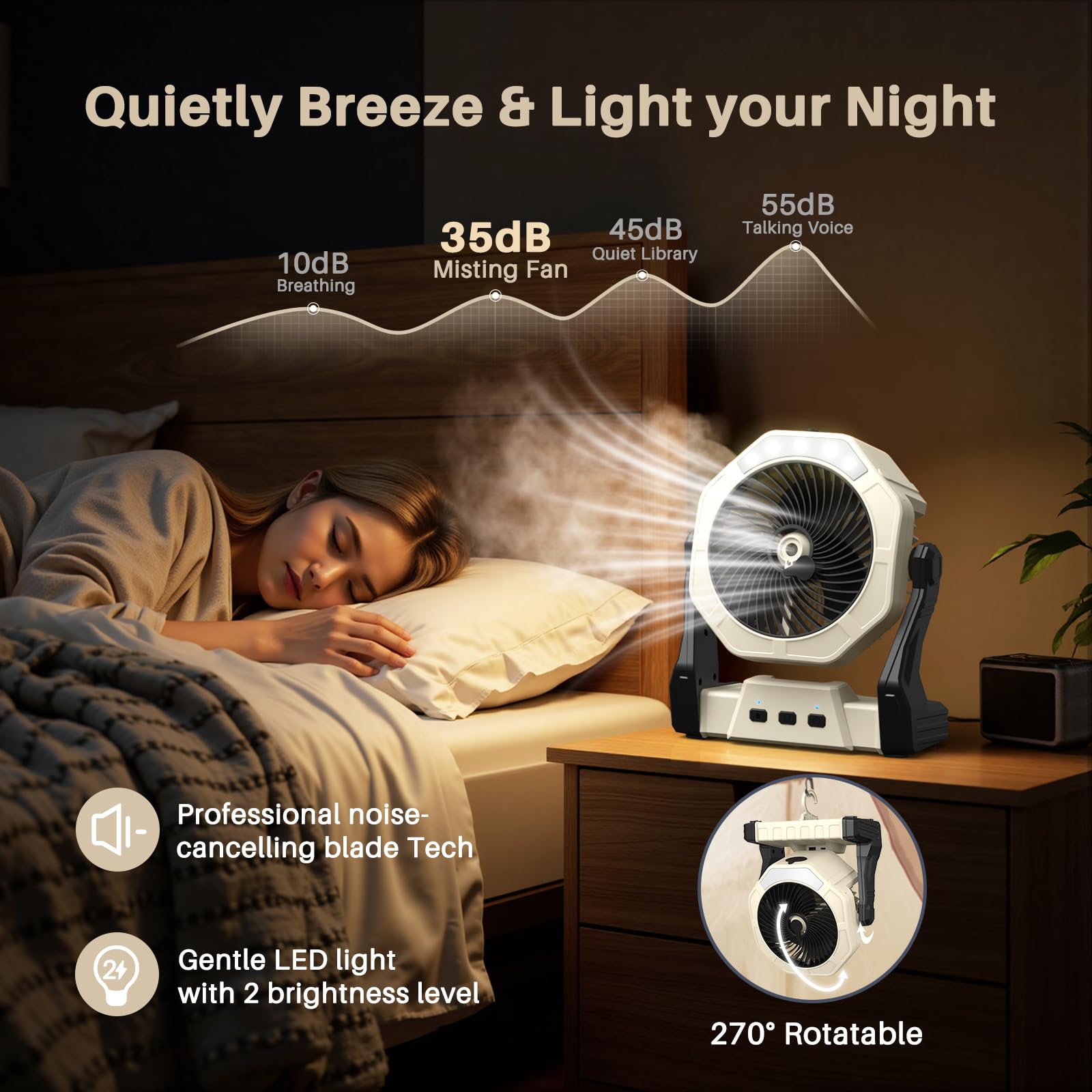 Ausic misting fan base with hook enables hanging and desk stability