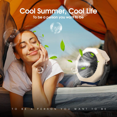Ausic misting fan outdoors during camping for portable cooling