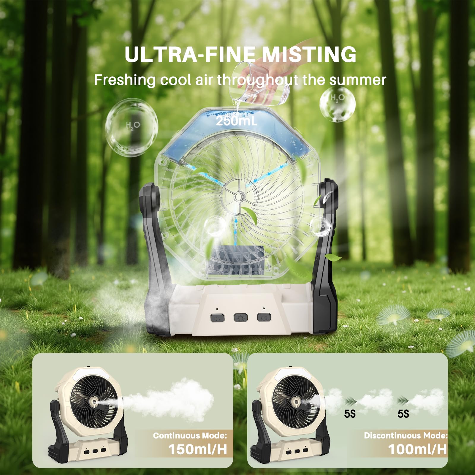 Ausic misting fan water tank highlights 250ml capacity for extended misting