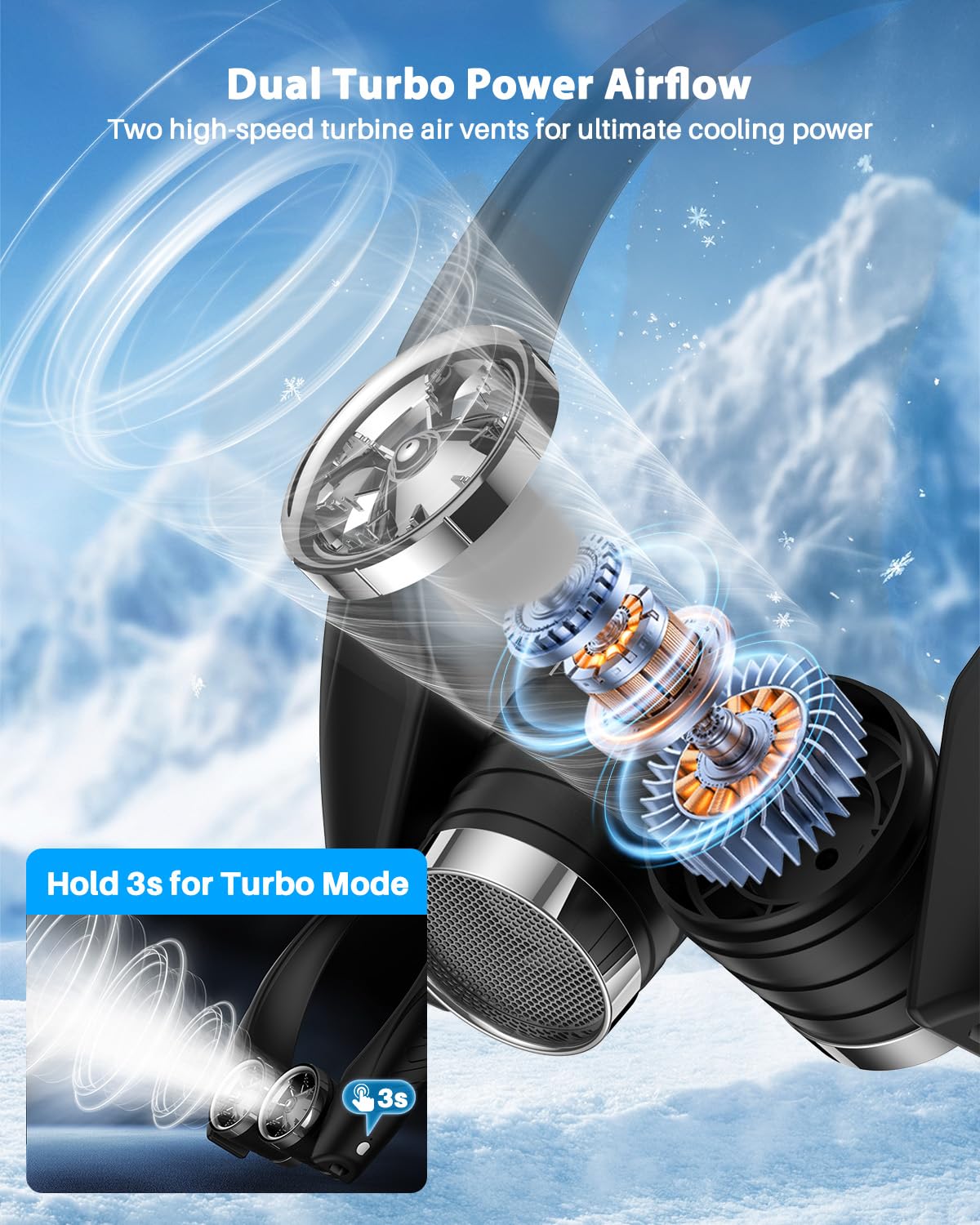 Ausic neck fan powered by 6000mAh battery for extended outdoor sessions.