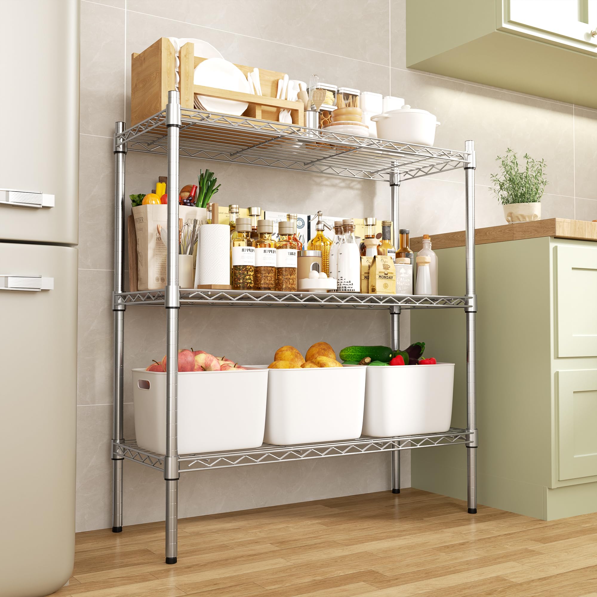 Auslar heavy-duty shelving unit in chrome withstands heavy loads and long-lasting durability.