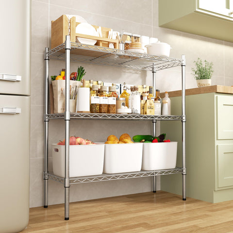 Auslar heavy-duty shelving unit in chrome withstands heavy loads and long-lasting durability.