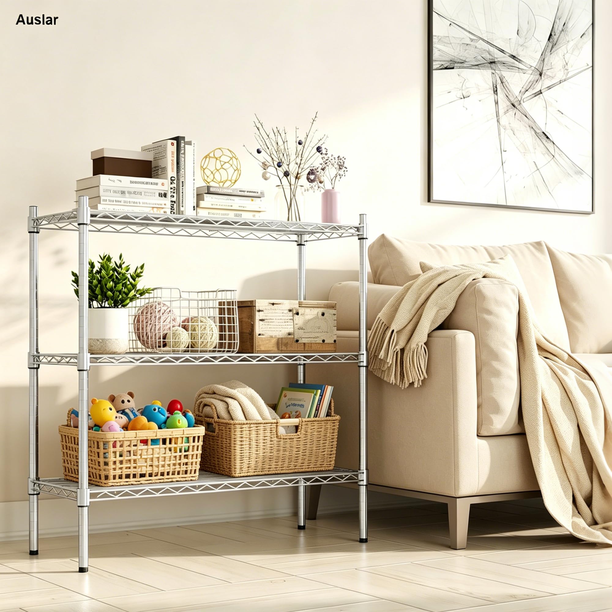 Auslar modern shelving design enhances home decor while adding practical storage.