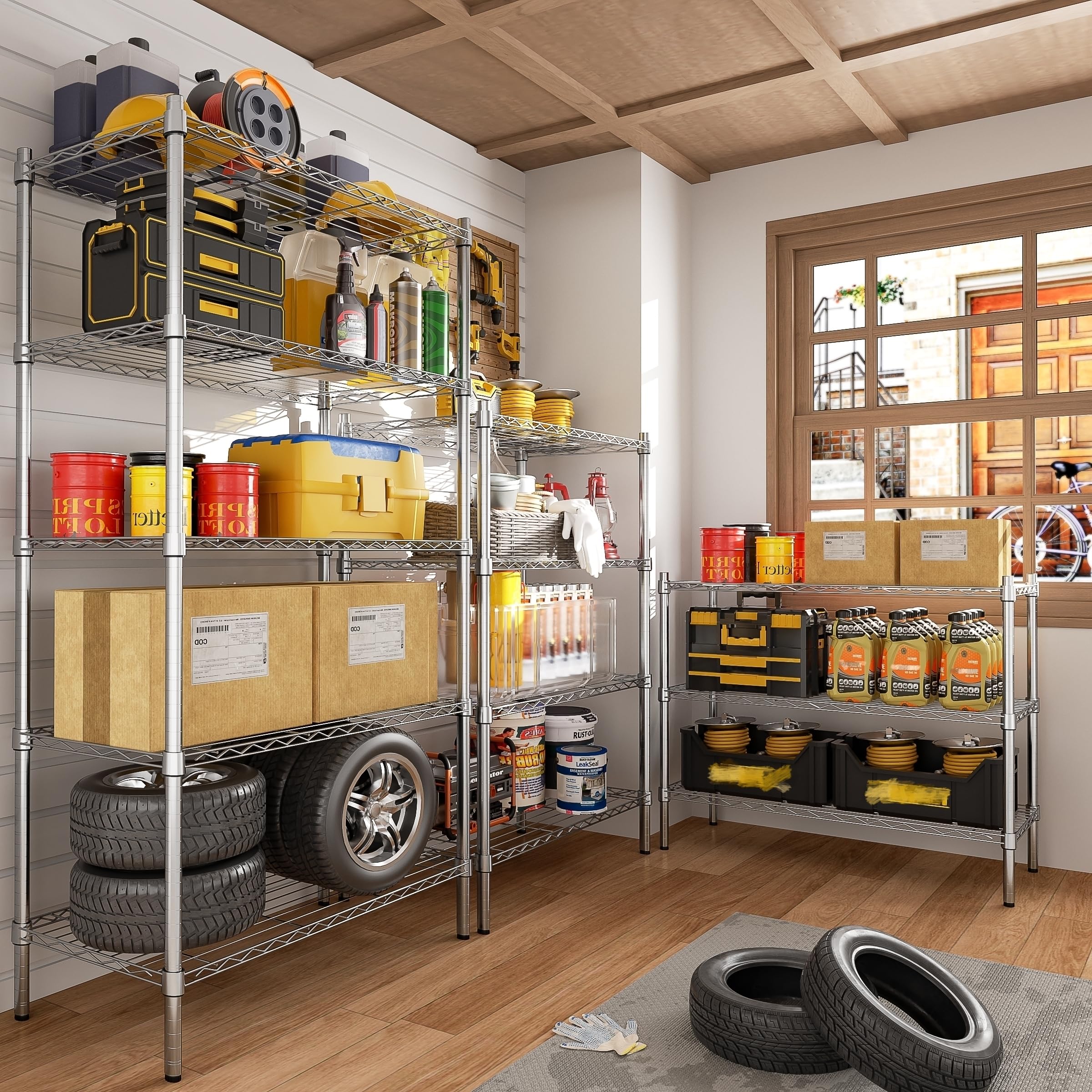 Auslar sturdy wire frame provides stable standing storage for workshop or garage.