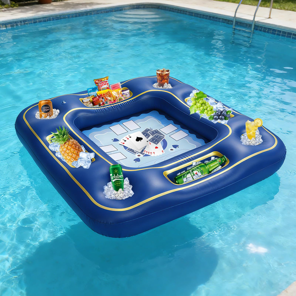 Auspicious Rain floating poker table for pool parties with four-player setup and luxury design.