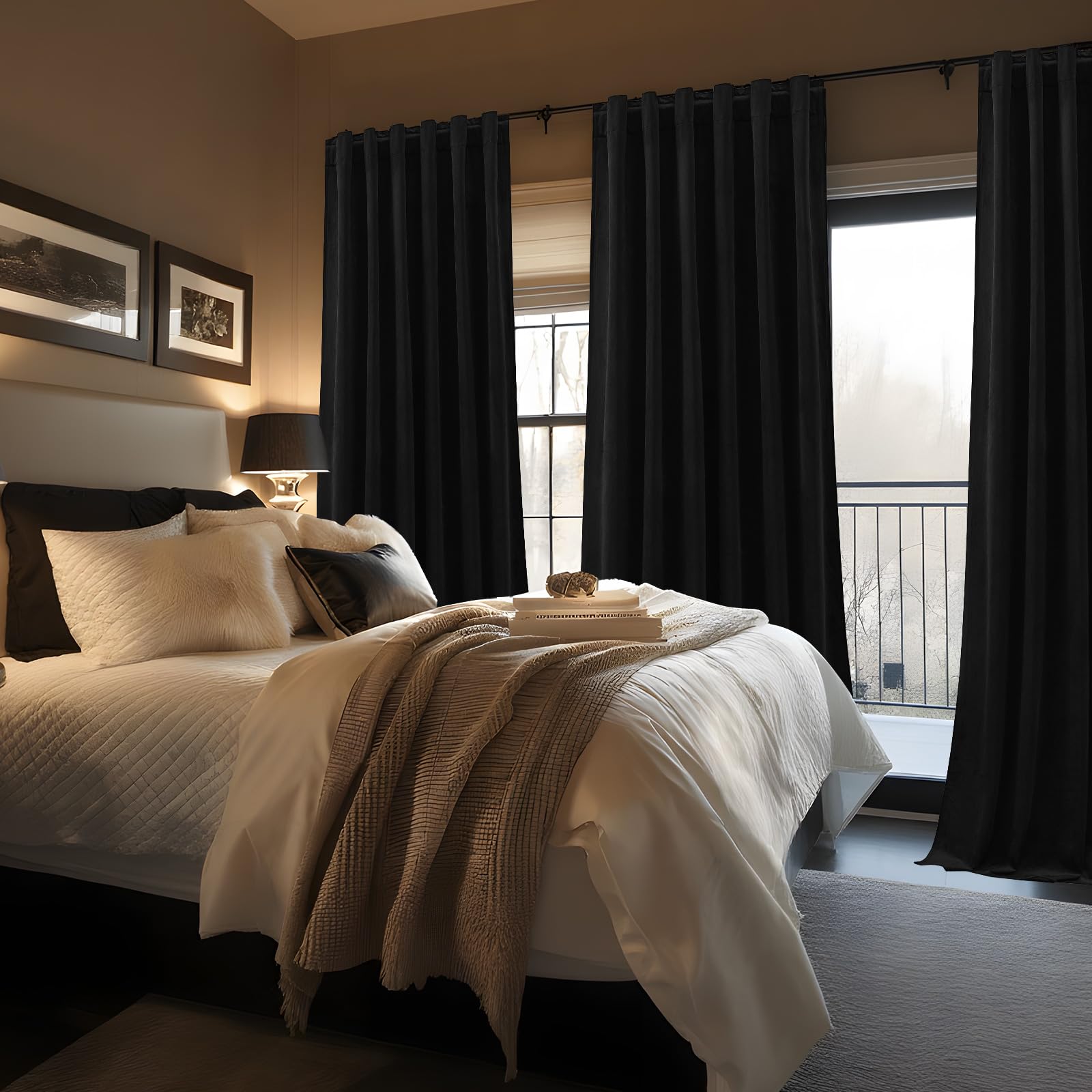 AUSSPVOCT bedroom setup with velvet blackout curtains for privacy and warmth.
