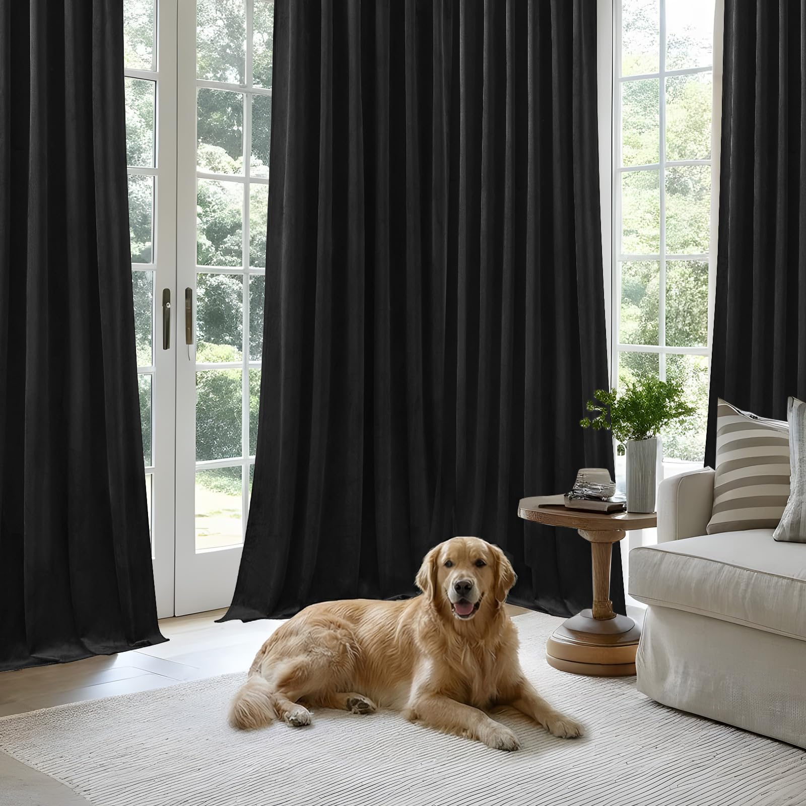 AUSSPVOCT living room setup featuring velvet blackout curtains and refined style.