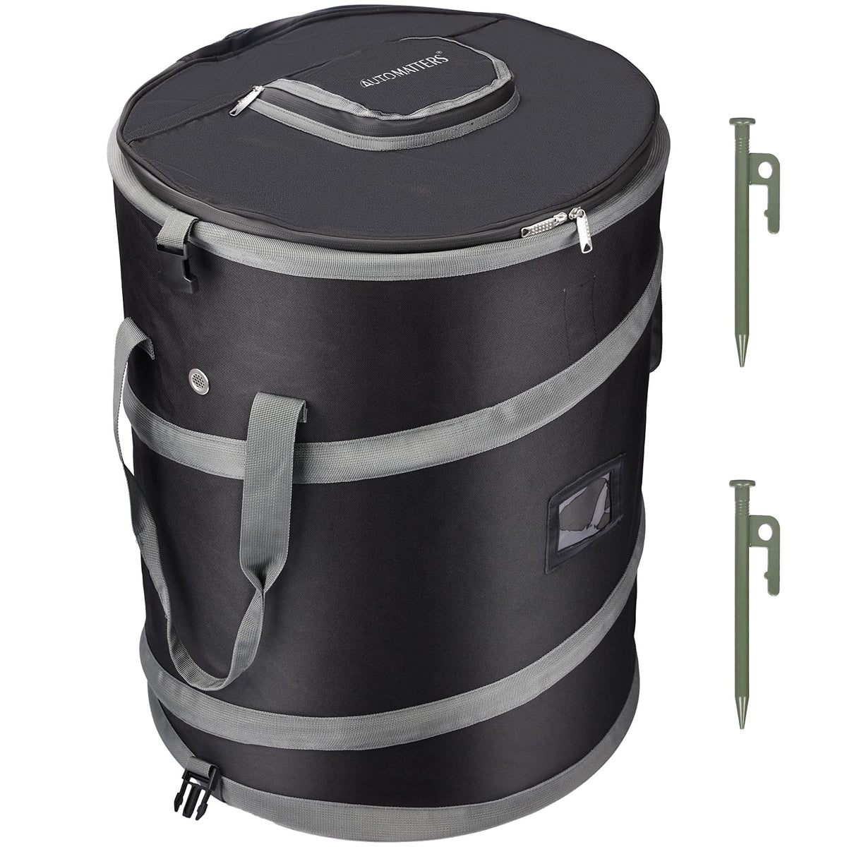 Automatters pop-up trash bin fully expanded for camping and yard storage.