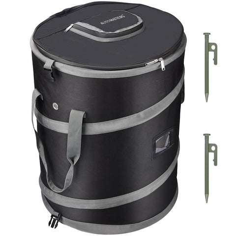 Automatters pop-up trash bin fully expanded for camping and yard storage.