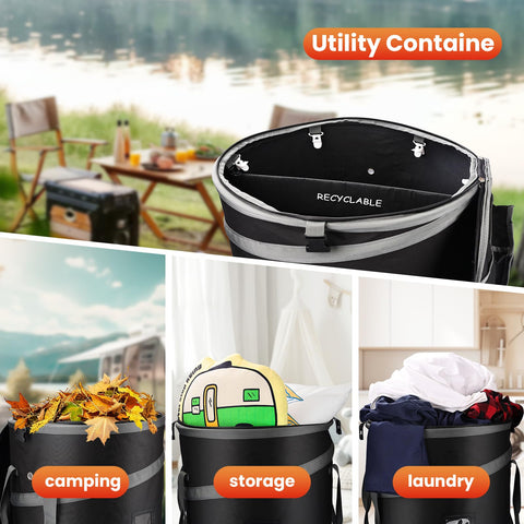 Automatters trash bin lid storage for quick access to bags and tools.