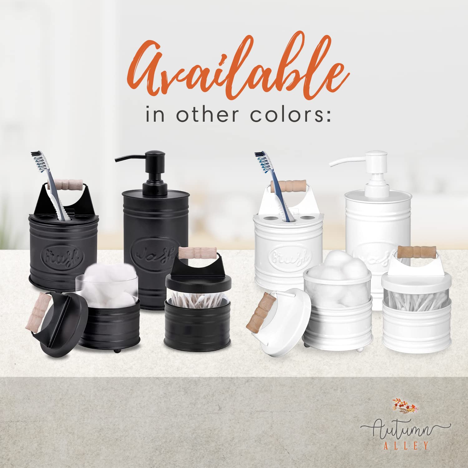 Autumn Alley complete farmhouse set enhances vanity storage