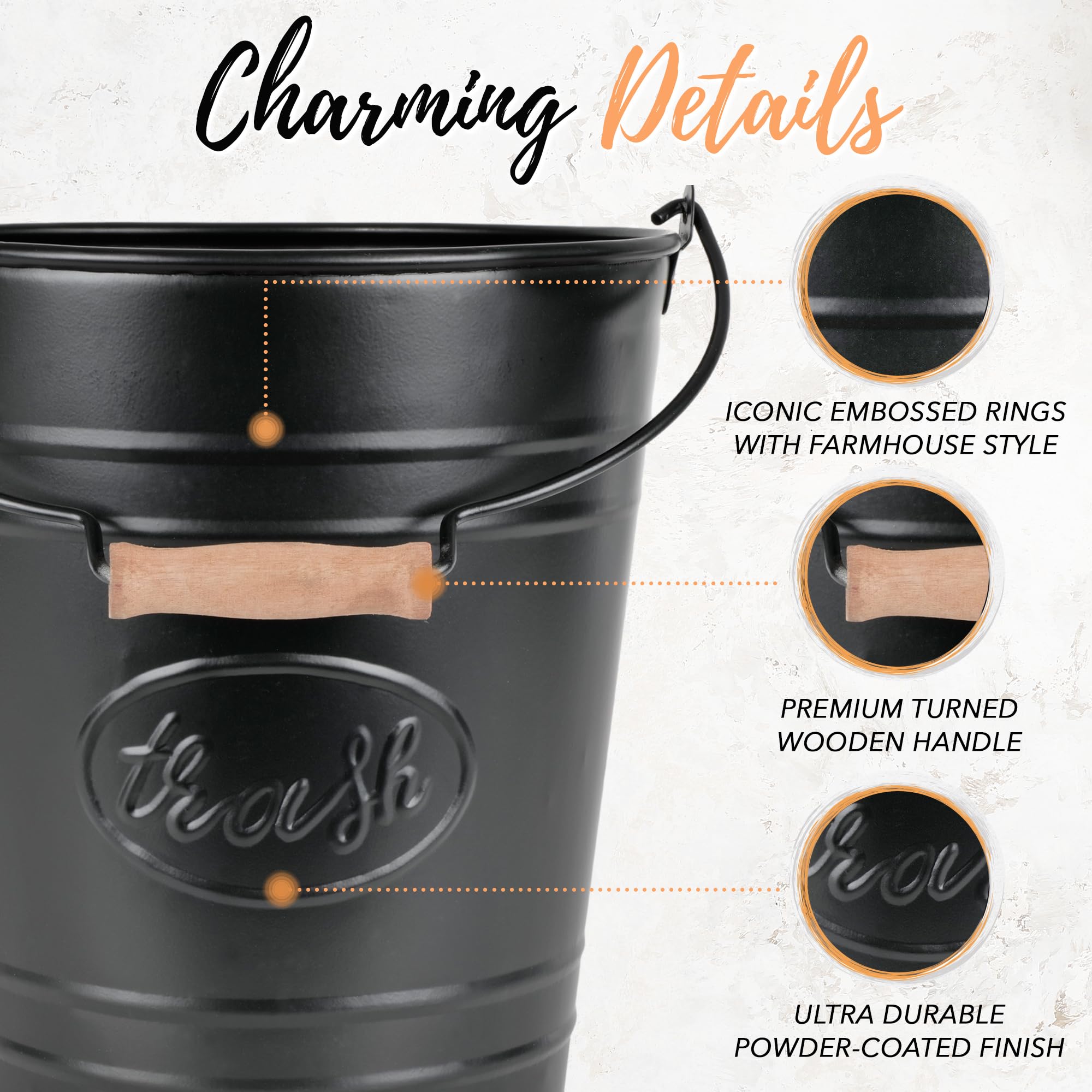 Autumn Alley rustic metal trash can with embossed details for authentic country decor.