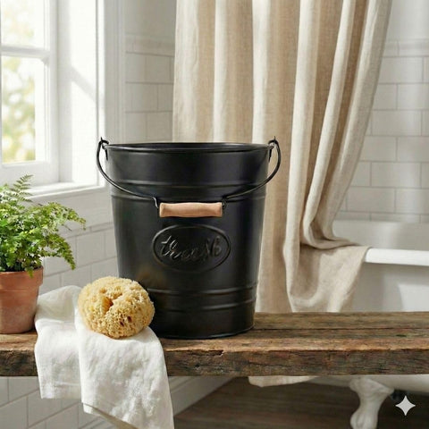 Autumn Alley trash bin with wooden handle, easy to carry and place in any room.