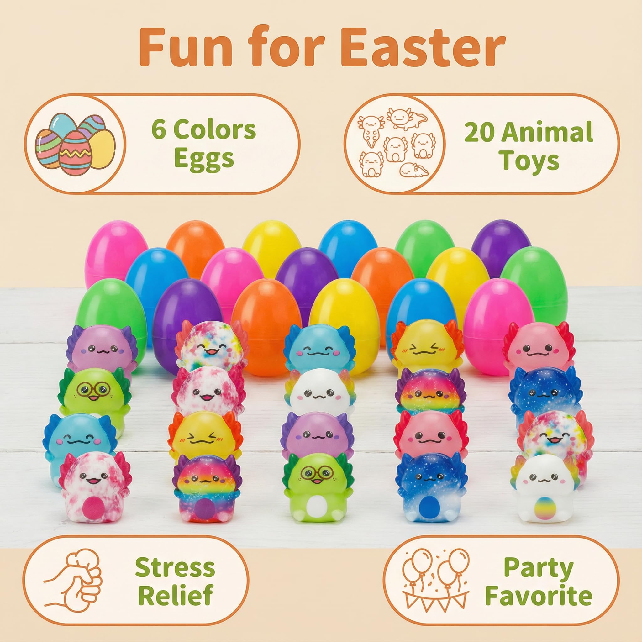 AUUGUU axolotl squishy toy inside each egg for soft squeezable play.