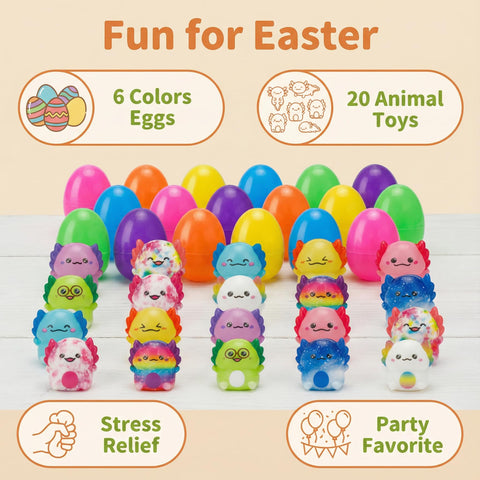 AUUGUU axolotl squishy toy inside each egg for soft squeezable play.