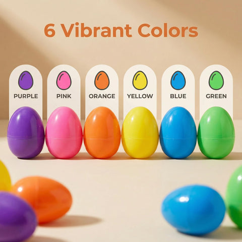 AUUGUU bright plastic eggs in vibrant colors for easy visibility.