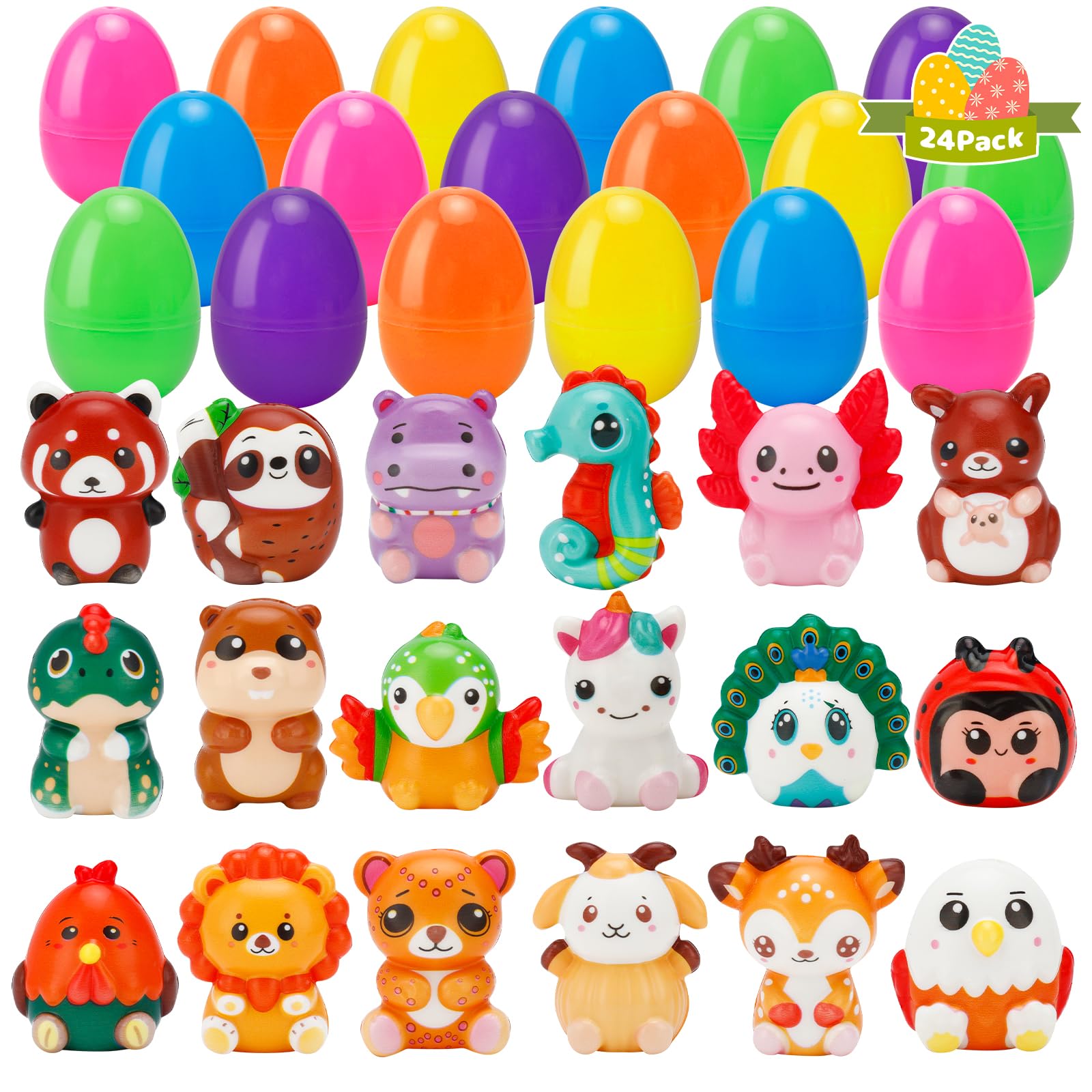 AUUGUU 24-pack Easter eggs with animal squishies for lively egg hunts.