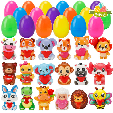 AUUGUU Easter eggs pre-filled with colorful animal squishies for easy egg hunts.