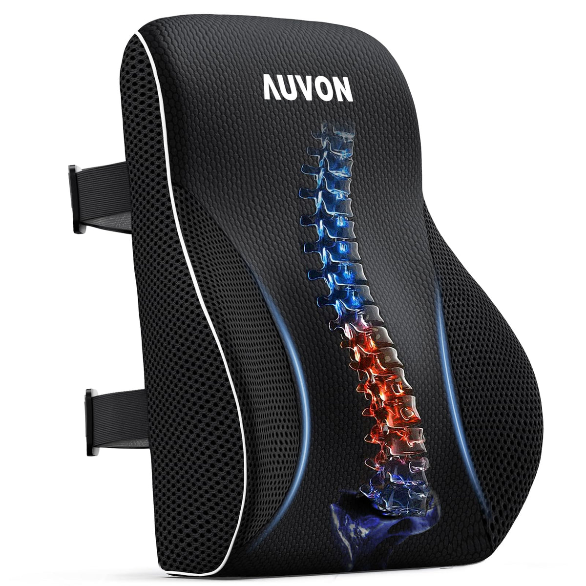 AUVON lumbar pillow with patented bulge providing lower back support during work