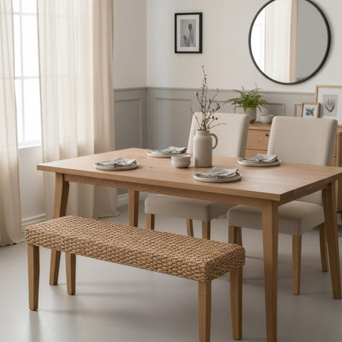 Handwoven natural water hyacinth seat on AV CONNECT bench offers textured seating.
