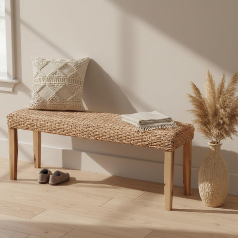 AV CONNECT indoor bench with wicker entryway seat adds warm boho charm.