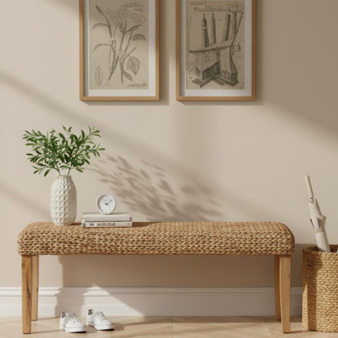 AV CONNECT solid wood acacia bench with handwoven seat, ideal entryway seating.