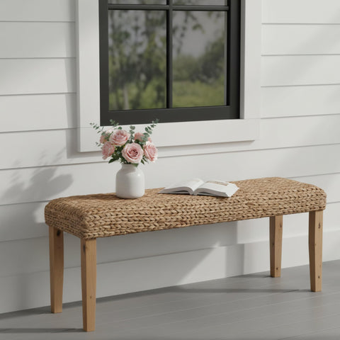 AV CONNECT under-bench storage space accommodates baskets and decor.
