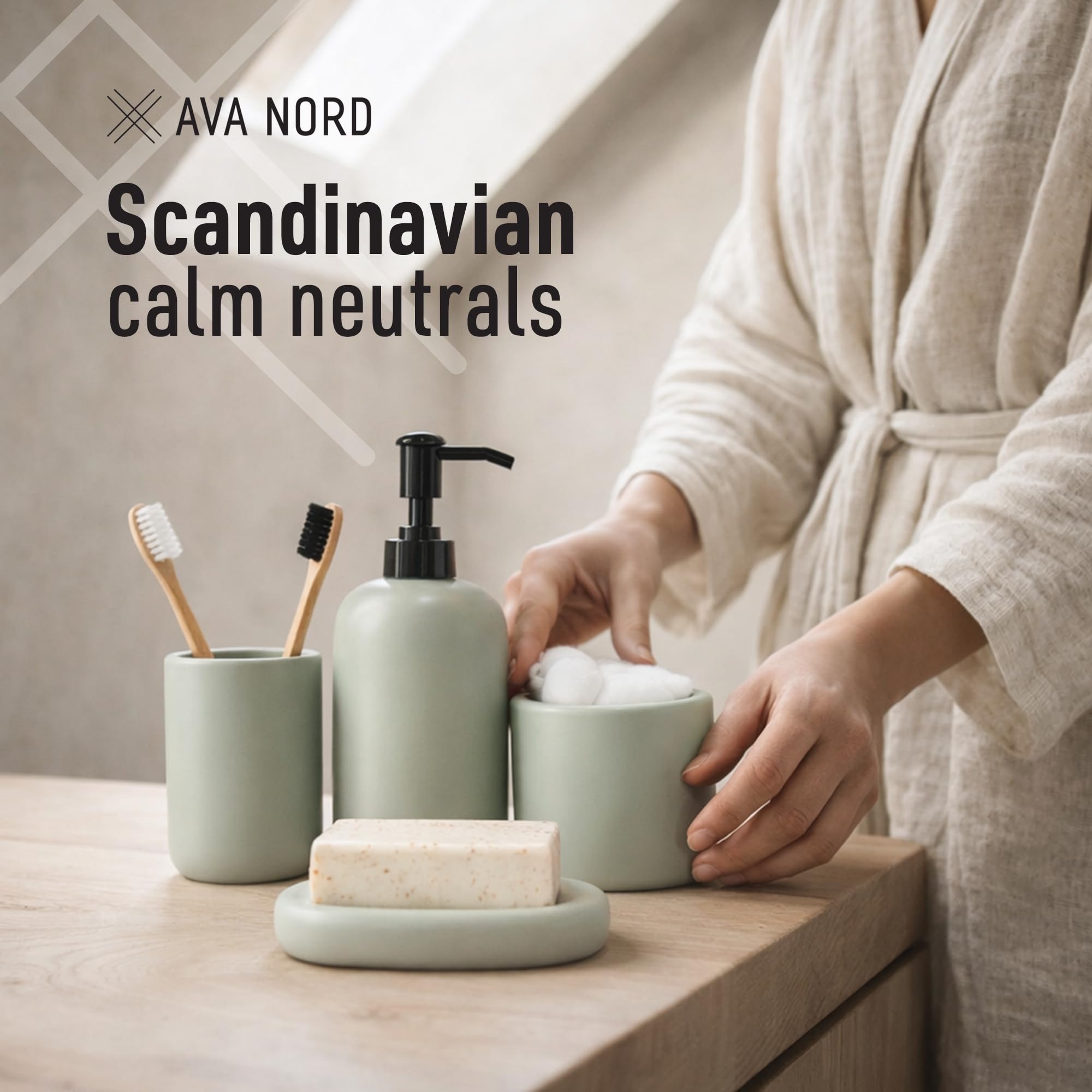 Ava Nord four-piece sage green ceramic bathroom set on counter