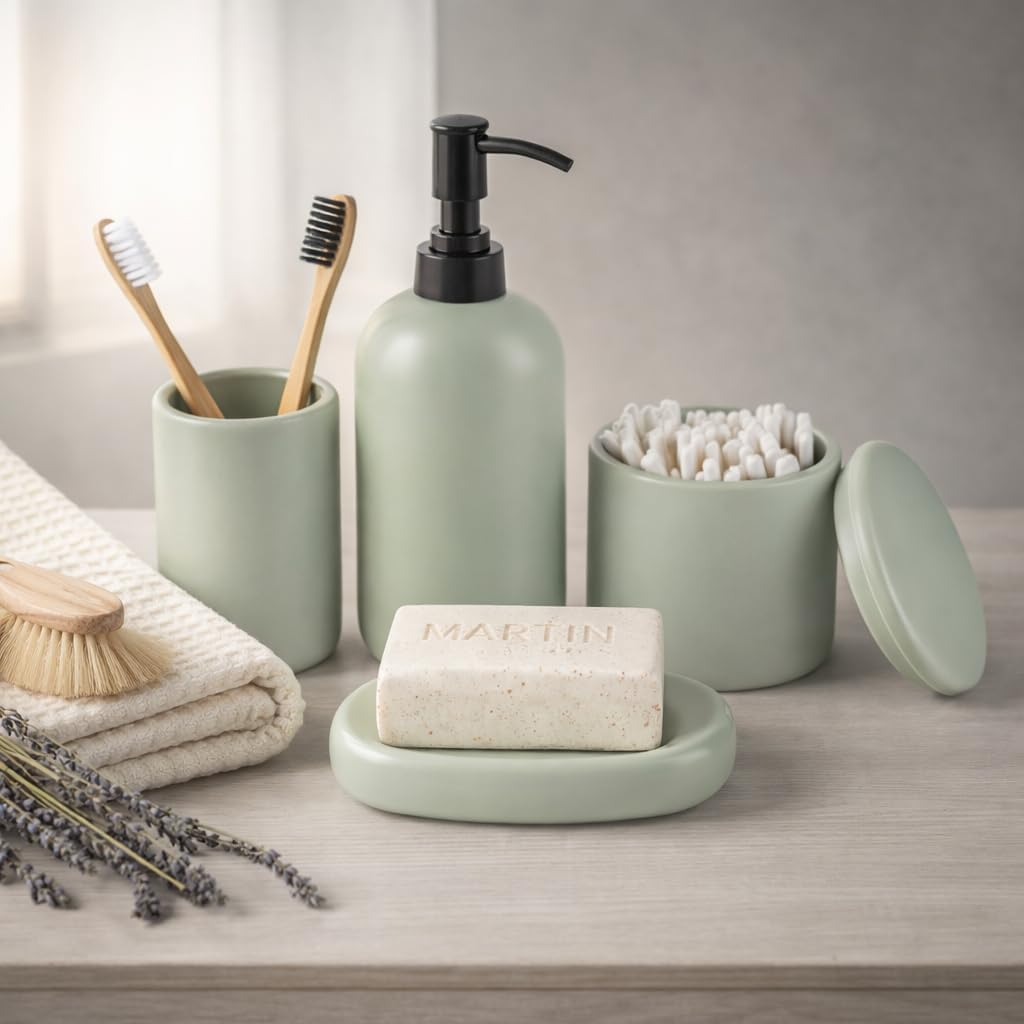 Ava Nord ceramic soap dispenser in sage green for smooth, leak-free dispensing
