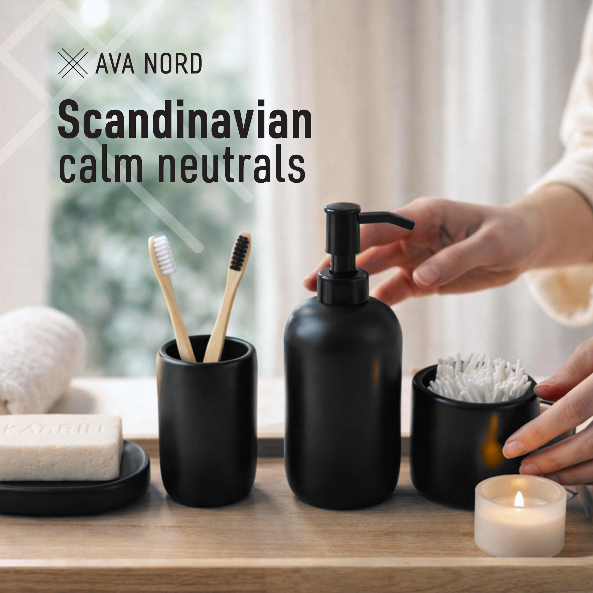Ava Nord cotton swab jar in black matte maintains a tidy vanity