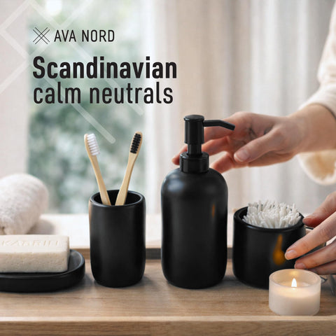 Ava Nord cotton swab jar in black matte maintains a tidy vanity