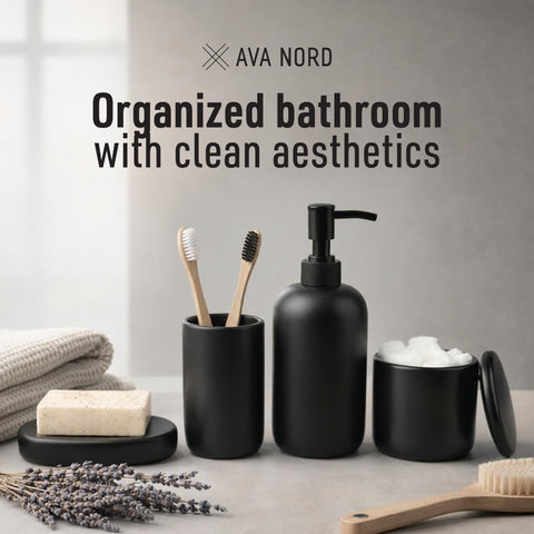 Ava Nord satin-finish ceramic set on a minimalist vanity creates calm aesthetics