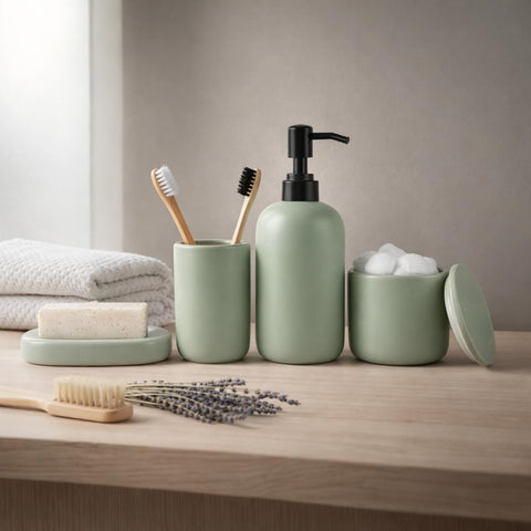 Ava Nord countertop organization idea with sage green ceramics